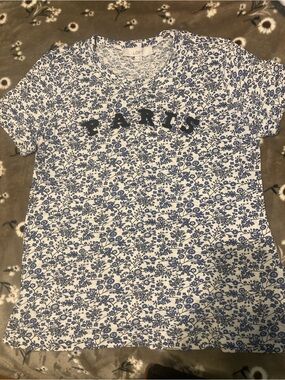 LOFT White & Blue Floral PARIS Short Sleeve Tee